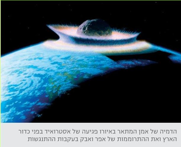 הדמיה של אמן המתאר באיורו פגיעה של אסטרואיד בפני כדור הארץ ואת ההתרוממות של אפר ואבק בעקבות ההתנגשות